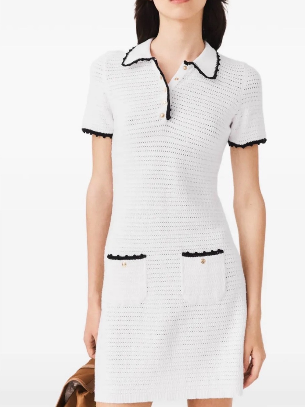 Crisp White Knit Polo Dress with Black Trim